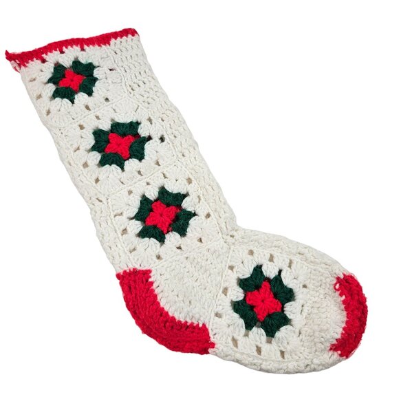 Vintage Granny Square Stocking Handmade Crochet Christmas Holiday Holly Decor - Picture 2 of 6